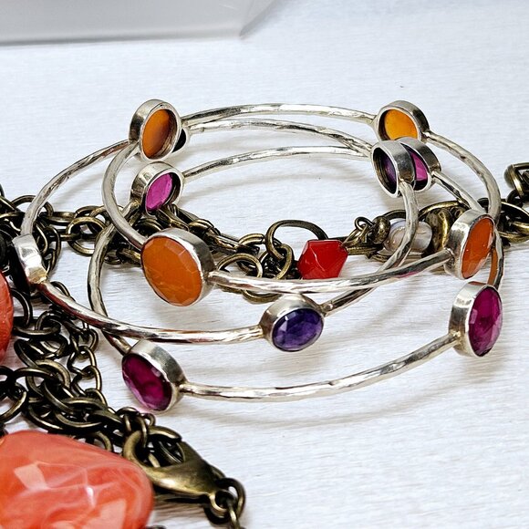 2 Chico’s Chunky Beaded Long Statement Necklaces 3 Stone Bangle Bracelets - Picture 6 of 7